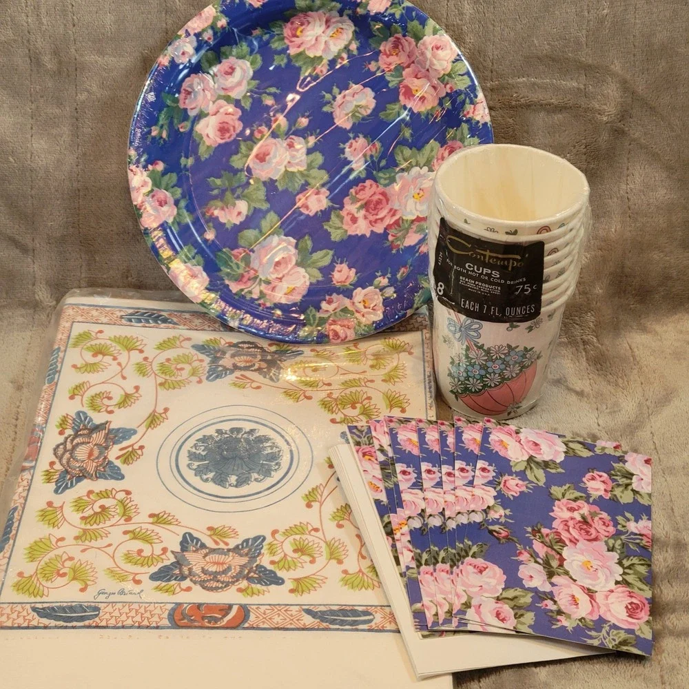 VTG Amscan Eileen West & Contempo Party Supplies Set Blue Pink Floral Paisley